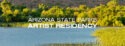 A peaceful blue lake surrounded by lush greenery on a sunny day. Superimposed on the image in bold, white letters is the following text: Arizona State Parks Artists Residency